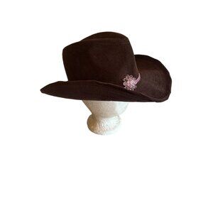 Corduroy Brown Cowgirl Western Rodeo Hat Pink Beaded Flower Detail One Size